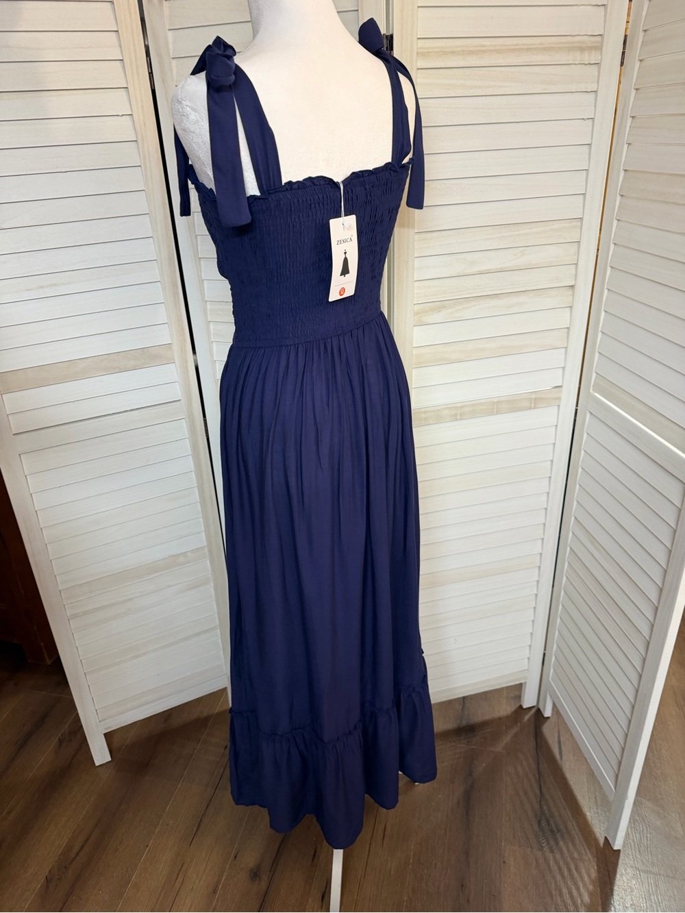 Smocked Navy Midi Dress with Tie Shoulder Straps - Picture 2 of 2